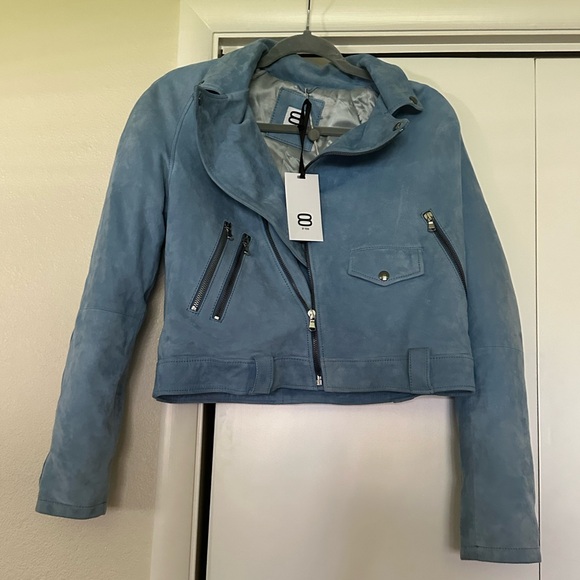 8 by YOOX 100% Suede Blue zip Jacket - Picture 1 of 5
